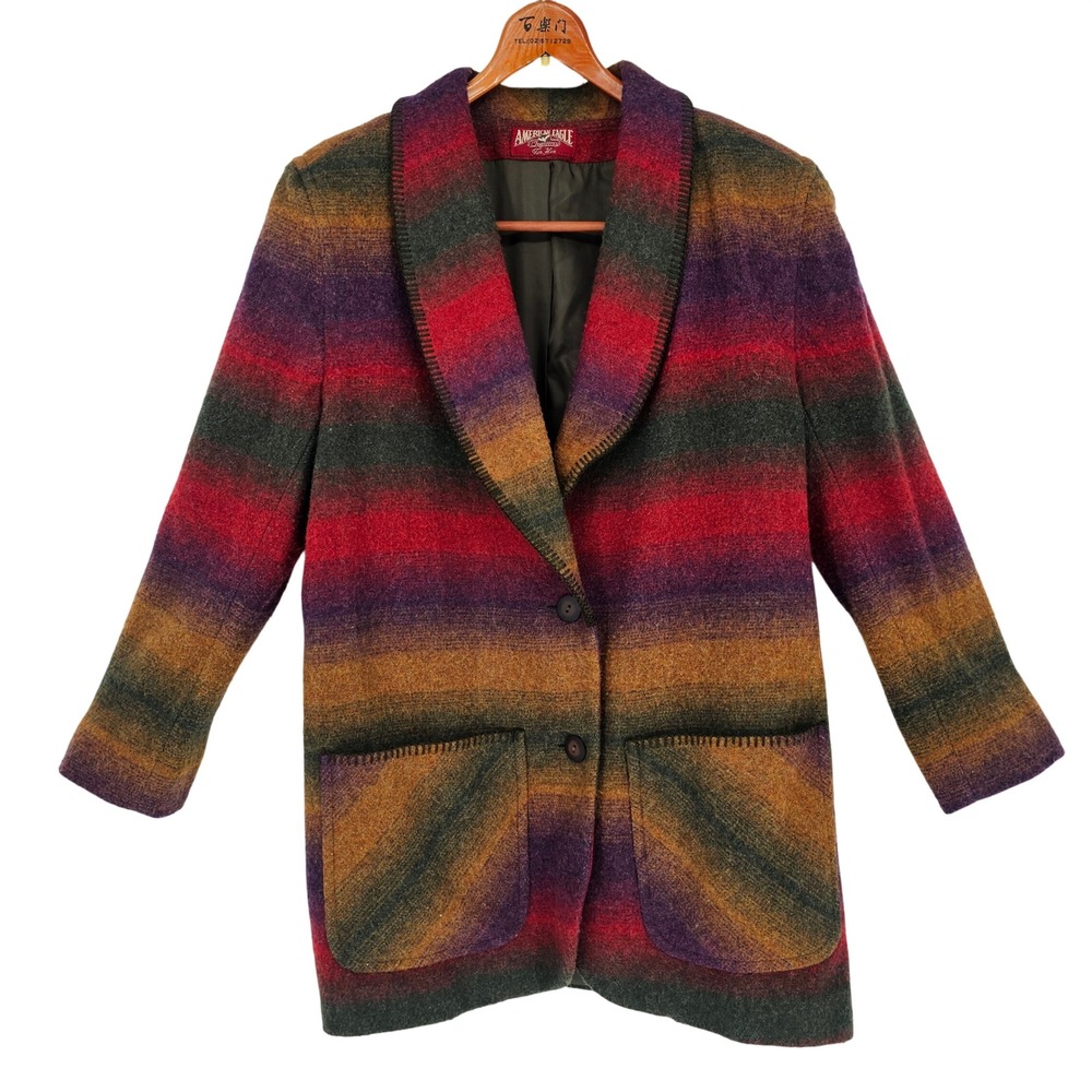 Vintage 90s Southwestern Wool Blanket Jacket L Shawl Collar Aztec Boxy Oversized